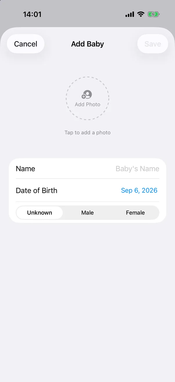 The Add Baby sheet.