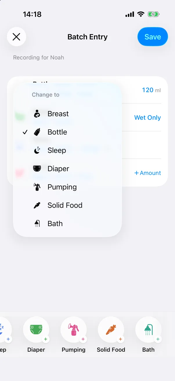 Tap the type icon to change a row's type.