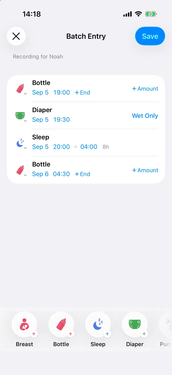 Four entries: bottle, diaper, an 8-hour sleep, bottle.