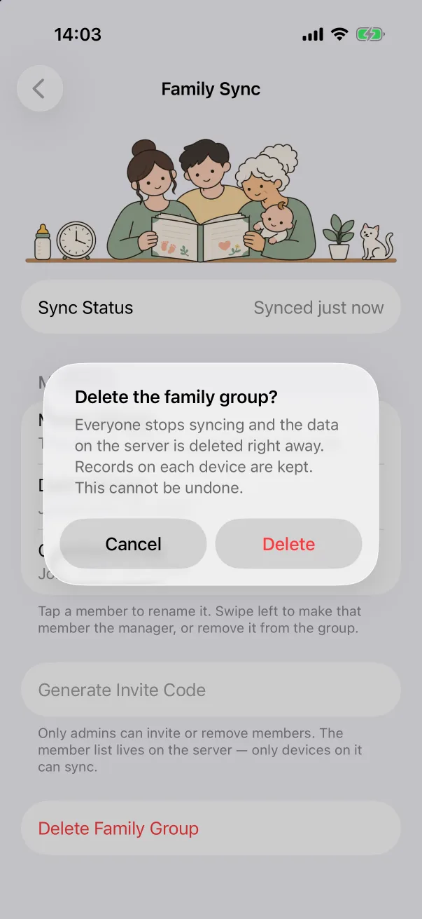 Deleting the group removes the server copy at once.