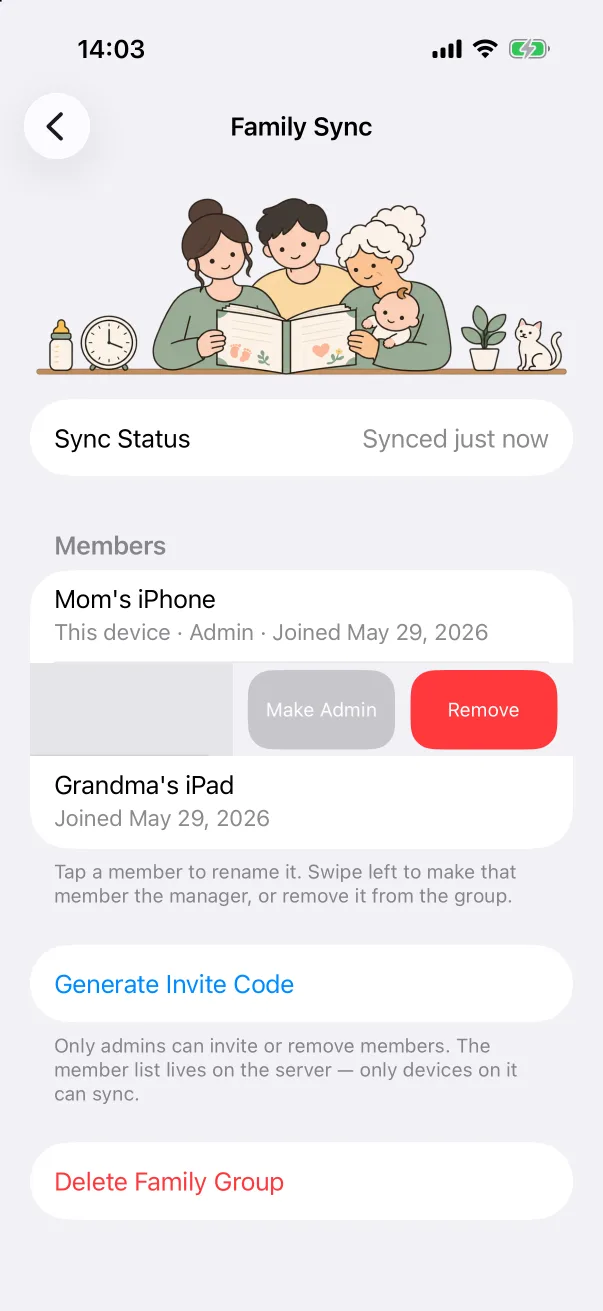 Swipe a member for Make Admin or Remove.