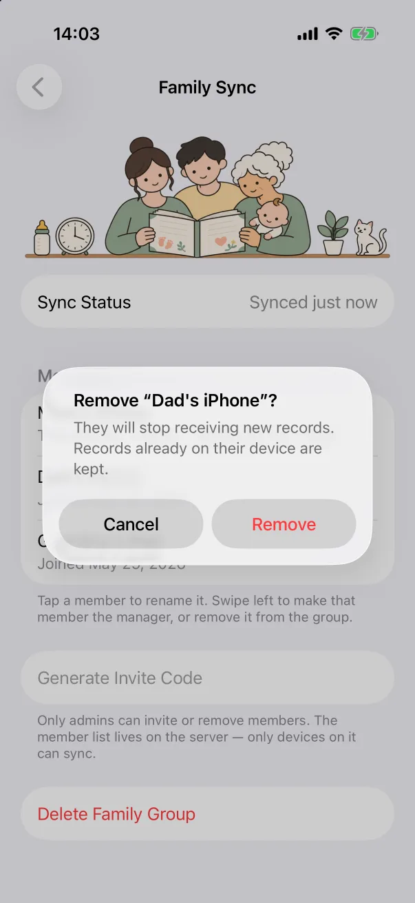 Removing a member keeps their existing records.