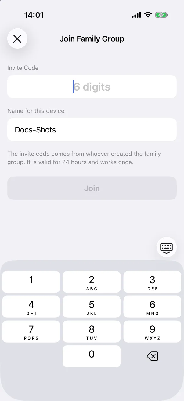 The Join Family Group sheet from the welcome screen.