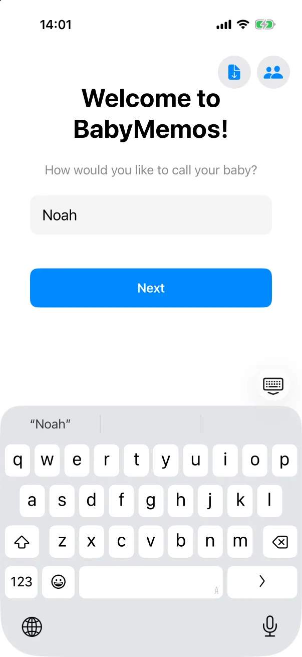 The name typed; Next turns blue.