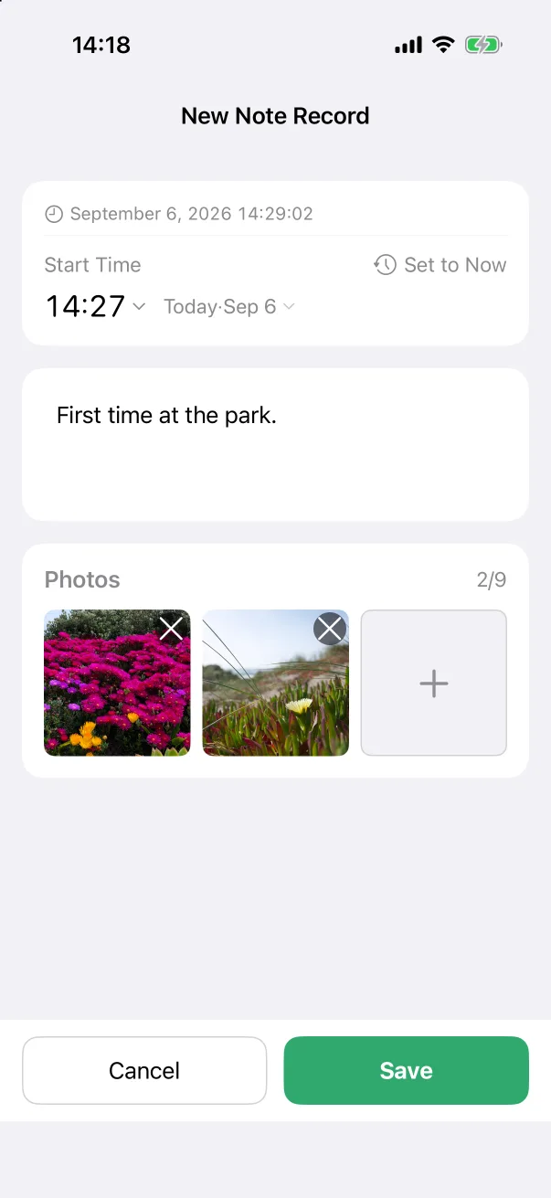 Two photos attached; the × removes one.