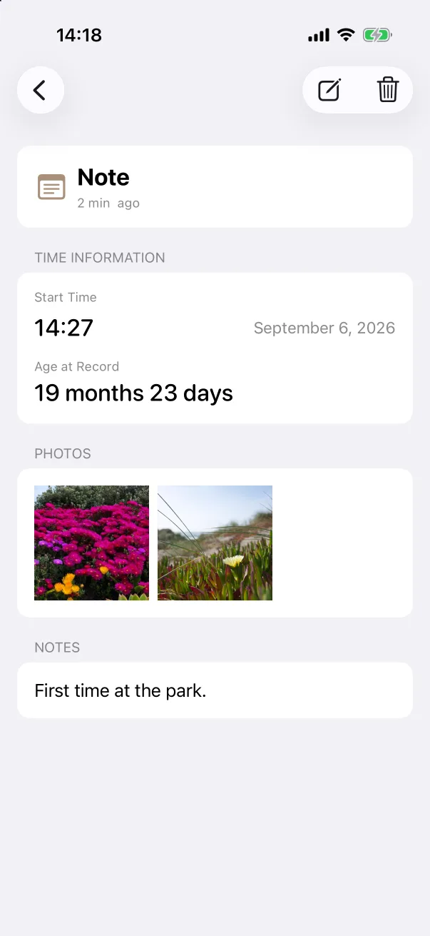 The Photos and Notes sections on the detail screen.