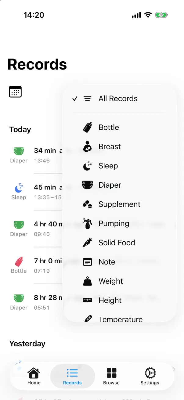 The filter menu lists every type.