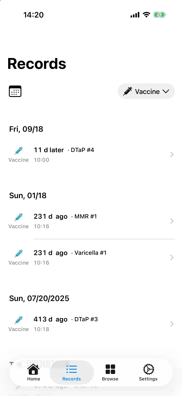 A scheduled vaccine sits at the top, under its future date.