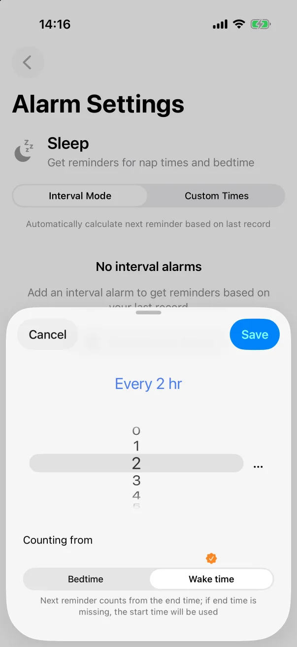 Every 2 hours, counting from the wake time.