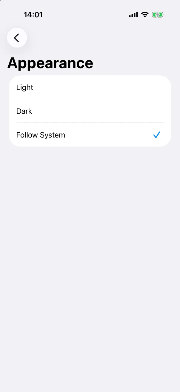 Appearance: Light, Dark, Follow System.