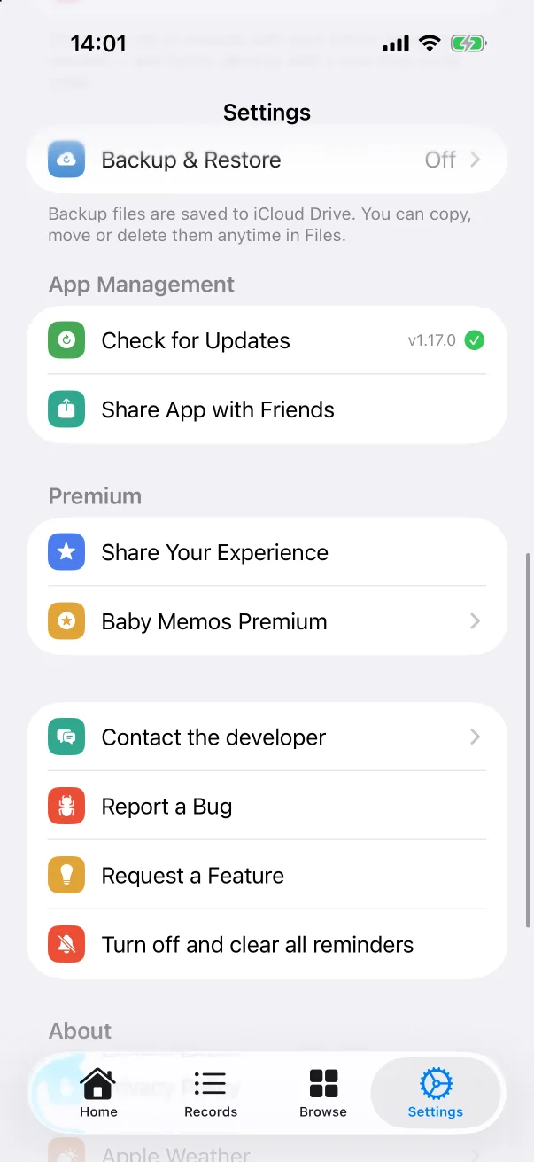 Settings, bottom: Premium, feedback and About.