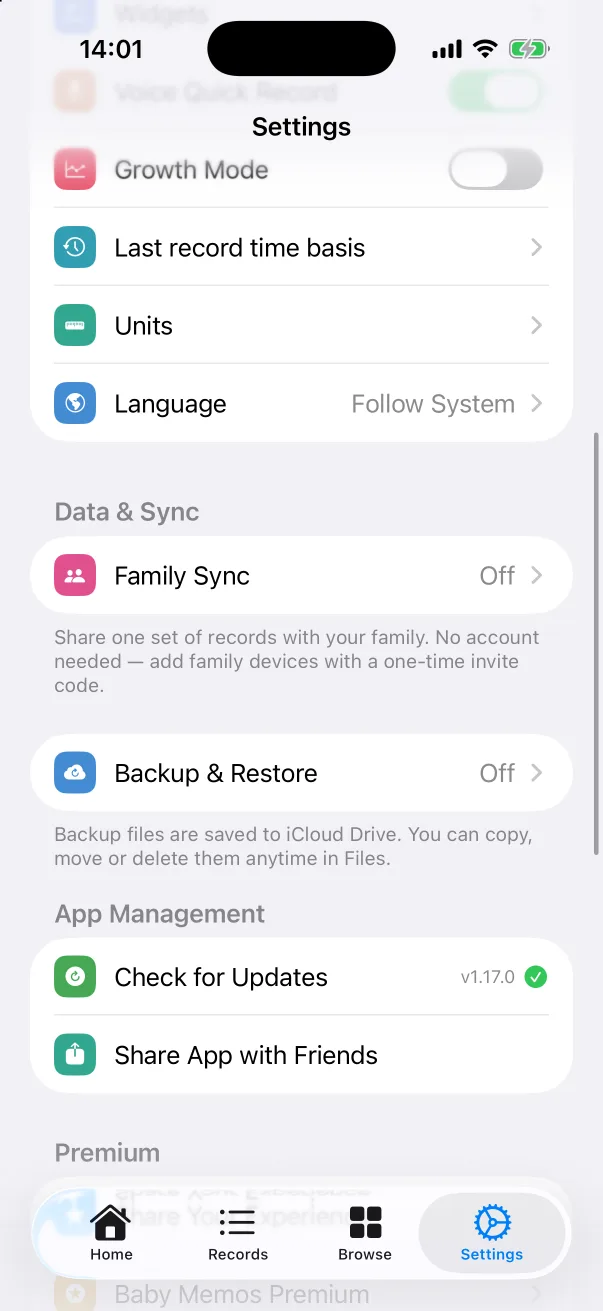 Settings, middle: Data & Sync and App Management.