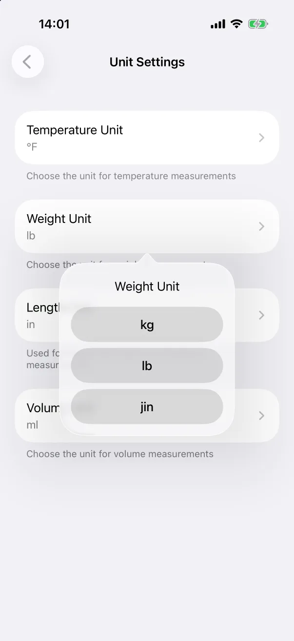 Tapping a unit shows the choices.