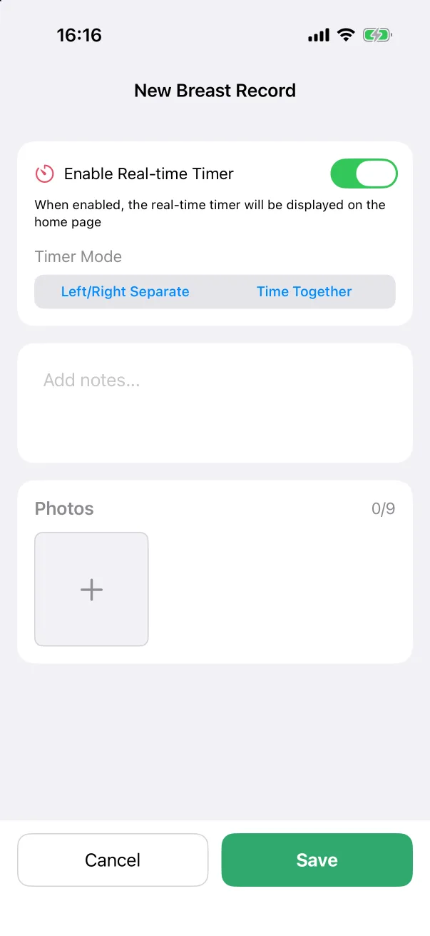 The breast editor with the timer on and a Timer Mode choice.