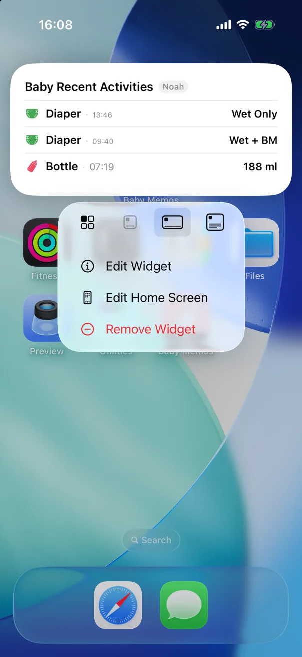 Long-press a widget for its menu.