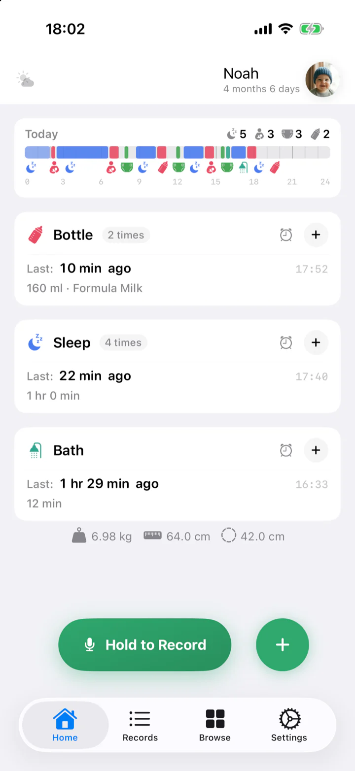 Baby Memos home screen in daylight: today's timeline, sleep, solid food and supplement cards